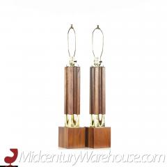 Mid Century Walnut and Brass Lamps Pair - 3695328