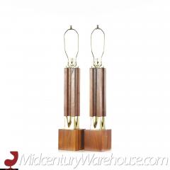 Mid Century Walnut and Brass Lamps Pair - 3695329