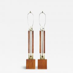 Mid Century Walnut and Brass Lamps Pair - 3758364