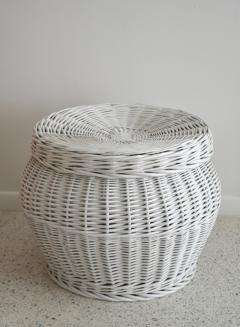 Mid Century White Lacquered Woven Rattan Basket - 2055702