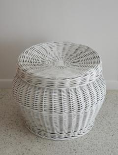 Mid Century White Lacquered Woven Rattan Basket - 2056306