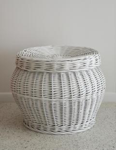 Mid Century White Lacquered Woven Rattan Basket - 2056307