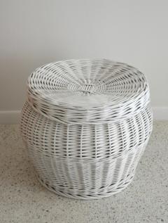 Mid Century White Lacquered Woven Rattan Basket - 2056308