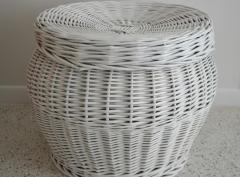 Mid Century White Lacquered Woven Rattan Basket - 2056312