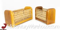 Mid Century Wood and Wicker Desk Organizer Baskets - 2578409