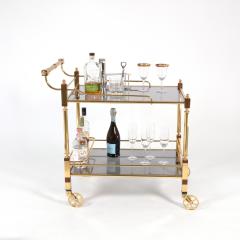 Mid century Hollywood Regency Style Brass Smoke Glass Rolling Bar Cart - 3190778