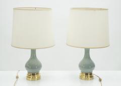 Mid century Pair of French light blue ceramic and brass lamps 1960s - 1119879