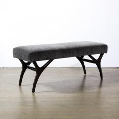 Midcentury Modernist Smoked Pewter Mohair Ebonized Walnut Sculptured Leg Bench - 3109047