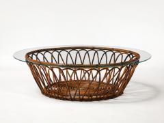 Midcentury Round Bamboo Rattan and Glass Top Coffee Table - 4220347