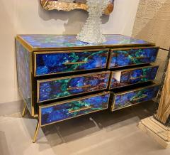 Midcentury Style Brass and Lapis Lazuli Colored Murano Glass Commode - 3230523
