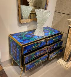Midcentury Style Brass and Lapis Lazuli Colored Murano Glass Commode - 3230524