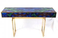 Midcentury Style Brass and Lapis Lazuli Colored Murano Glass Console Table - 3257956
