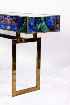 Midcentury Style Brass and Lapis Lazuli Colored Murano Glass Console Table - 3257962
