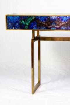 Midcentury Style Brass and Lapis Lazuli Colored Murano Glass Console Table - 3680211