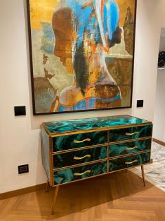 Midcentury Style Brass and Malachite Colored Murano Glass Commode 2020 - 3904458