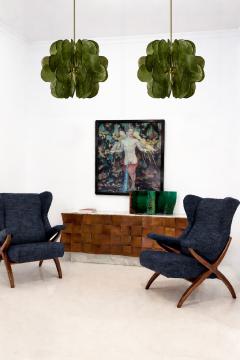 Midmodern Style Italian Brass Pendant Lamps with Bright Green Murano Glass Slabs - 4497414