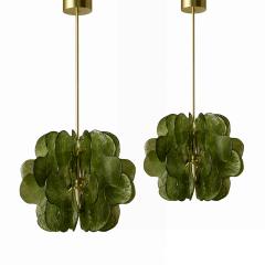 Midmodern Style Italian Brass Pendant Lamps with Bright Green Murano Glass Slabs - 4497417