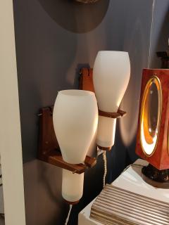 Milk Glass and Teak Wall Lights by Philips Netherlands 1960s - 2994882