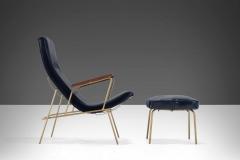 Milo Baughman Leather Lounge Chair Ottoman in Blue with Gold Powder Coated Iron Base - 2590604
