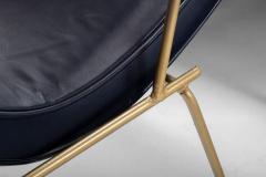 Milo Baughman Leather Lounge Chair Ottoman in Blue with Gold Powder Coated Iron Base - 2590607