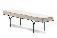 Milo Baughman Mid Century Black Enameled Metal Bench with Tufted Gold Ivory Upholstery - 3975185