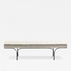 Milo Baughman Mid Century Black Enameled Metal Bench with Tufted Gold Ivory Upholstery - 3976652