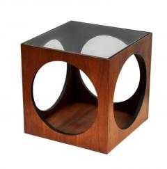 Milo Baughman Mid Century Modern Geometric Cube Walnut Glass End Table or Side Drinks Tables - 3982407