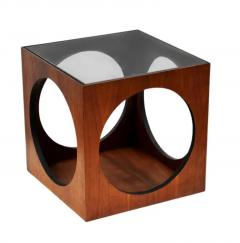 Milo Baughman Mid Century Modern Geometric Cube Walnut Glass End Table or Side Drinks Tables - 3982409