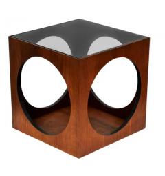Milo Baughman Mid Century Modern Geometric Cube Walnut Glass End Table or Side Drinks Tables - 3982426