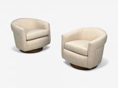 Milo Baughman Milo Baughman Beige Upholstery Walnut Tilt Swivel Chairs USA 1970s - 4331627