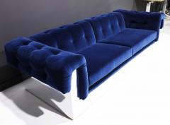 Milo Baughman Milo Baughman Button Tufted Chrome Sofa in a French Blue Velvet - 1932272