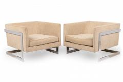Milo Baughman Milo Baughman Thayer Coggin Beige Upholstery Chrome Floating Cube Armchairs - 2789192