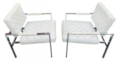 Milo Baughman Milo Baughman Thayer Coggin Pair Diamond Tufted Vinyl Chrome Frame Lounge Chairs - 2721281