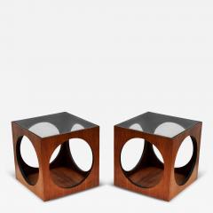 Milo Baughman Pair MCM Baughman Geometric Cube Walnut Glass End Table or Side Drinks Tables - 4207859