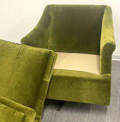 Milo Baughman Pair Mid Century Modern Swivel Arm Lounge Chairs Olive Green Velvet American - 2485753