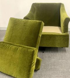 Milo Baughman Pair Mid Century Modern Swivel Arm Lounge Chairs Olive Green Velvet American - 2485758