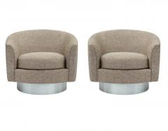 Milo Baughman Pair of Mid Century Modern Swivel Lounge Club Chairs in Tweed Brushed Steel - 2820715