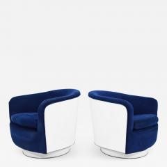 Milo Baughman Pair of Milo Baughman Tilt Swivel Lounge Chairs in Blue W White Lacquer - 1467443