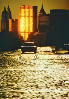 Mitchell Funk Cobblestone Road to Lower Manhattan Skyline in Golden Light - 3099891