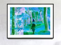Mitchell Funk Dream Landscape Woman Strolls in Fantasy Forest of Blue Green - 3426013