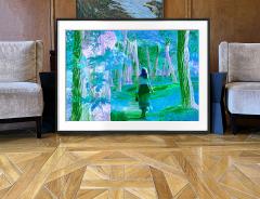 Mitchell Funk Dream Landscape Woman Strolls in Fantasy Forest of Blue Green - 3426015