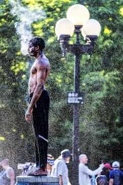 Mitchell Funk Muscular Black Man Pondering in the Fountains Mist - 3932545