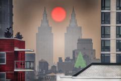 Mitchell Funk New York City Hazy Day Central Park West Towers Cradle Orange Red Sun - 3532139