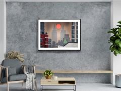 Mitchell Funk New York City Hazy Day Central Park West Towers Cradle Orange Red Sun - 3532141