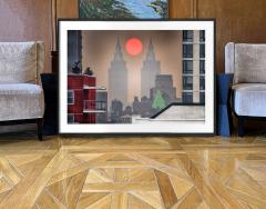 Mitchell Funk New York City Hazy Day Central Park West Towers Cradle Orange Red Sun - 3532142