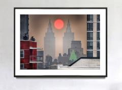 Mitchell Funk New York City Hazy Day Central Park West Towers Cradle Orange Red Sun - 3532143
