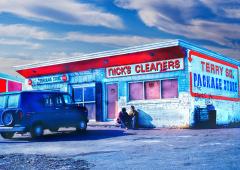 Mitchell Funk Retro Urban Street Photograph A Conversation in Blues and Reds - 3581298