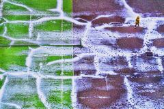 Mitchell Funk Tennis Court in Snow with Footprints Green and Wine Color Abstraction - 3118034