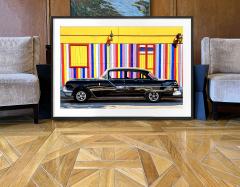 Mitchell Funk Vintage Car Against Colorful Striped Yellow Wall Primary Colors - 3205288