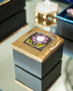 Mithe Espelt Mid Century Gold and Purple Ceramic Box with Flower by Mith Espelt - 3883252